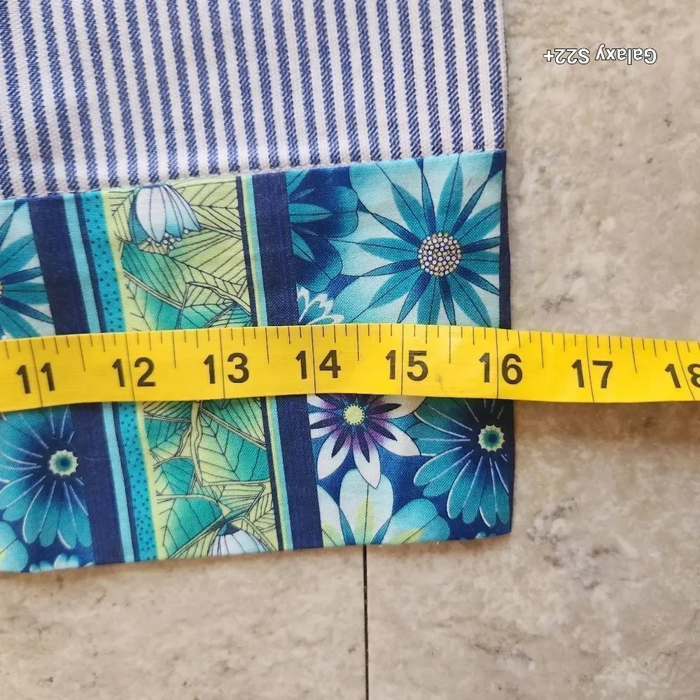 2 handmade pillow cases Blue stripe ticking fabric & turquoise/blue/green floral